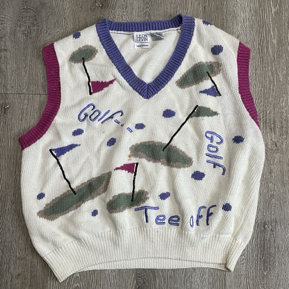 Leon Levin Sweater Vest Womens XL Golf Clubs Hand Loomed V Neck Vintage